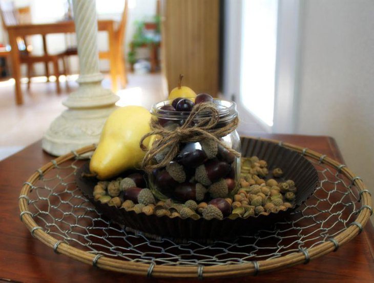 DIY Mason Jar Filled With Acorns As Table Centerpiece