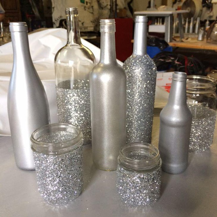 DIY Silver Glitter Wine Bottle Centerpiece