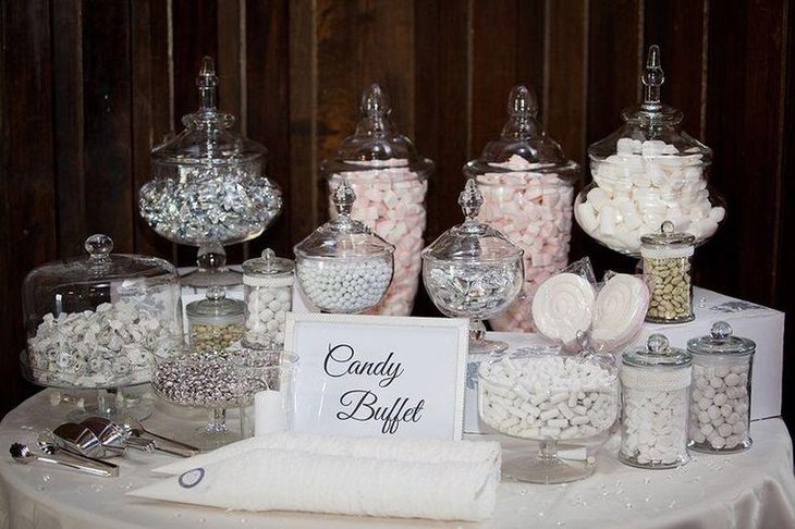 DIY wedding candy table decor with silver white and grey accents