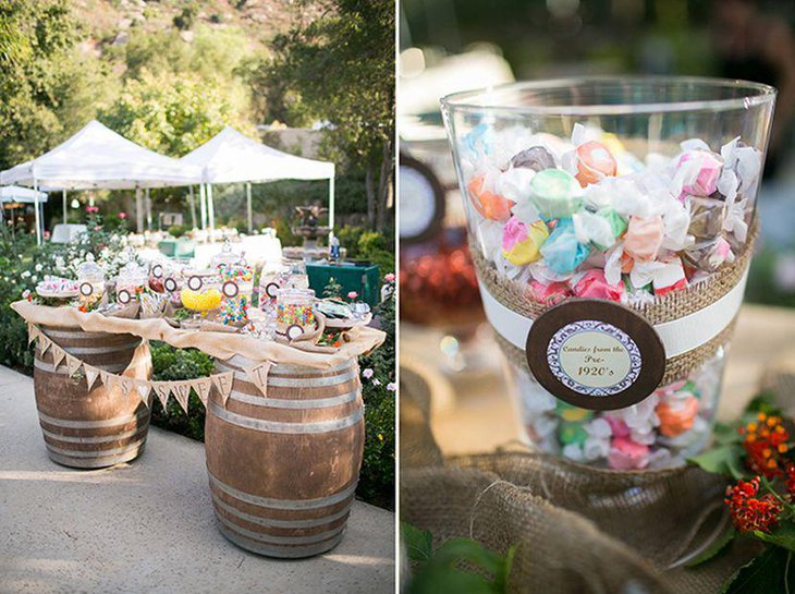 DIY wedding candy table idea with burlap wrapped candy jars