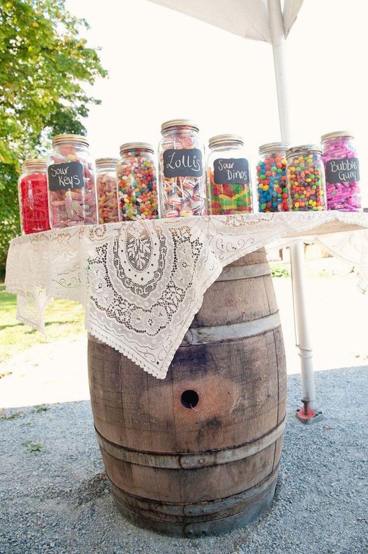 DIY wedding candy table setting with lace table cloth