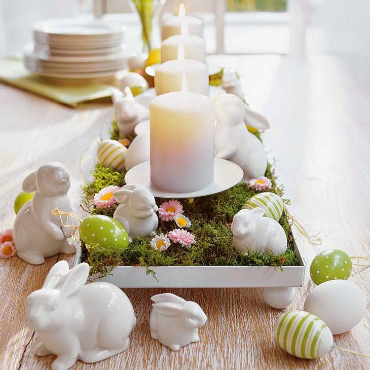 Easter Table Decorations with Candles and Bunnies