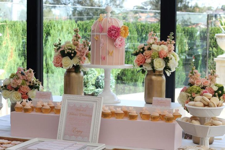 Elegant Pink and White Buffet Table Decor