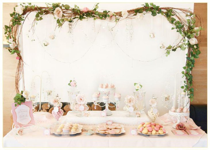 Elegant shabby chic bridal shower dessert table decor