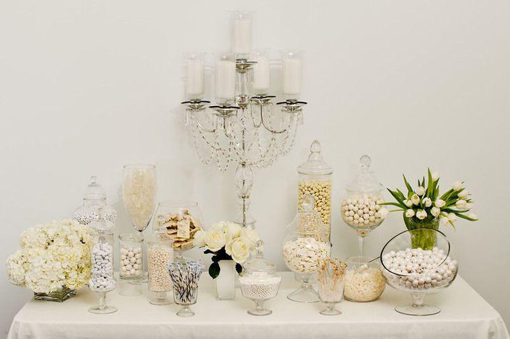 Elegant white accented wedding candy table
