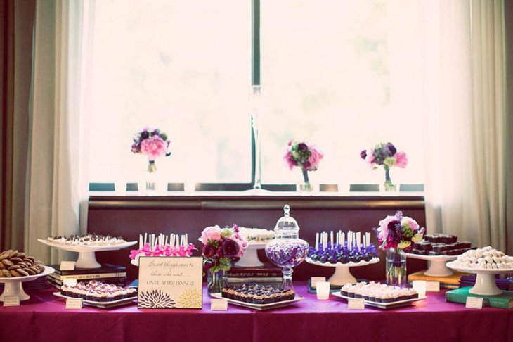 Elegant White Dessert Wedding Table with Purple Contrast