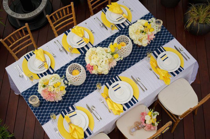 Ethereal dark blue table runner for springtime dinner