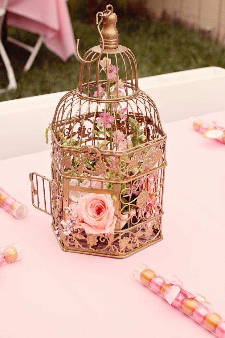 Ethereal golden birdcage centerpiece for summer garden party