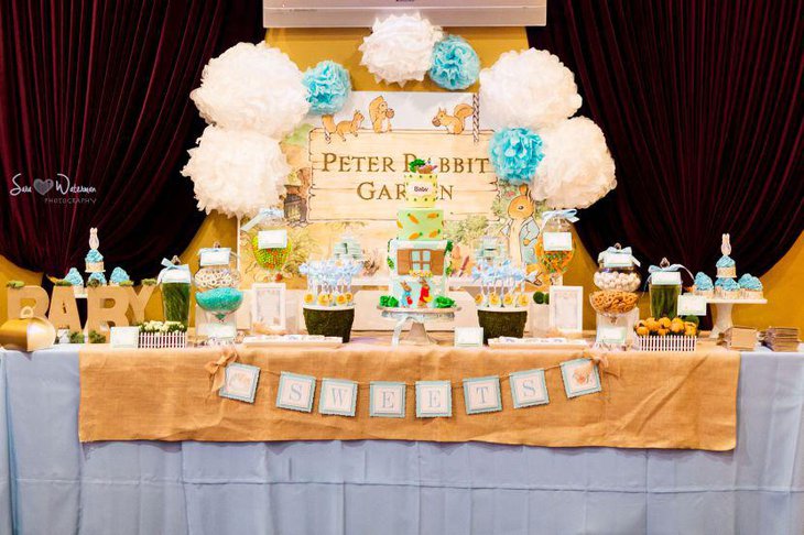 European dessert table decor themed on Peter Rabbit