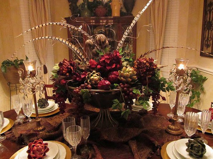 Exotic silk flower centerpiece on dining table