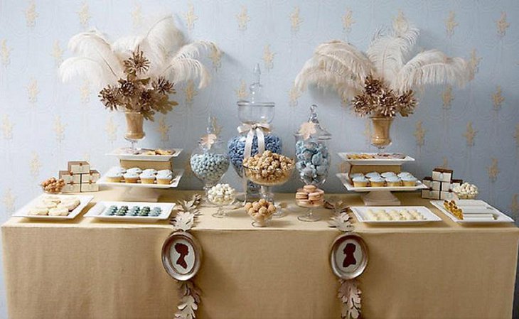 Fall White Trees and Blue Cake Wedding Dessert Table