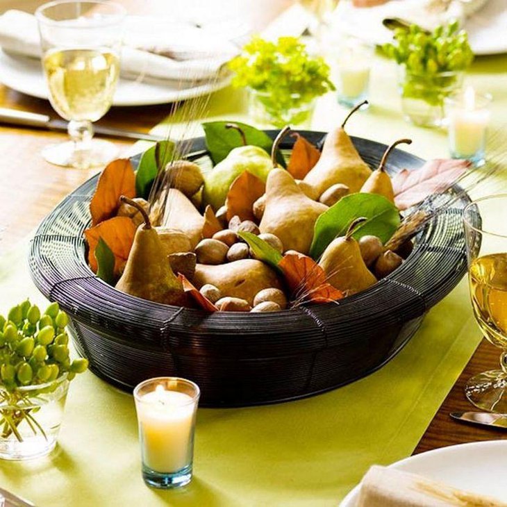 Festive Basket Table Centerpiece With Acorns Leaves and Pears