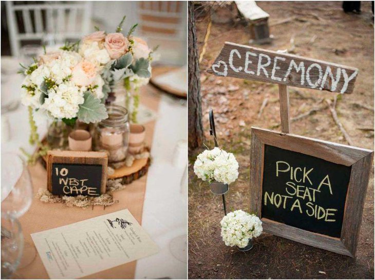 Flowers and chalkboard decor seen on this country wedding table