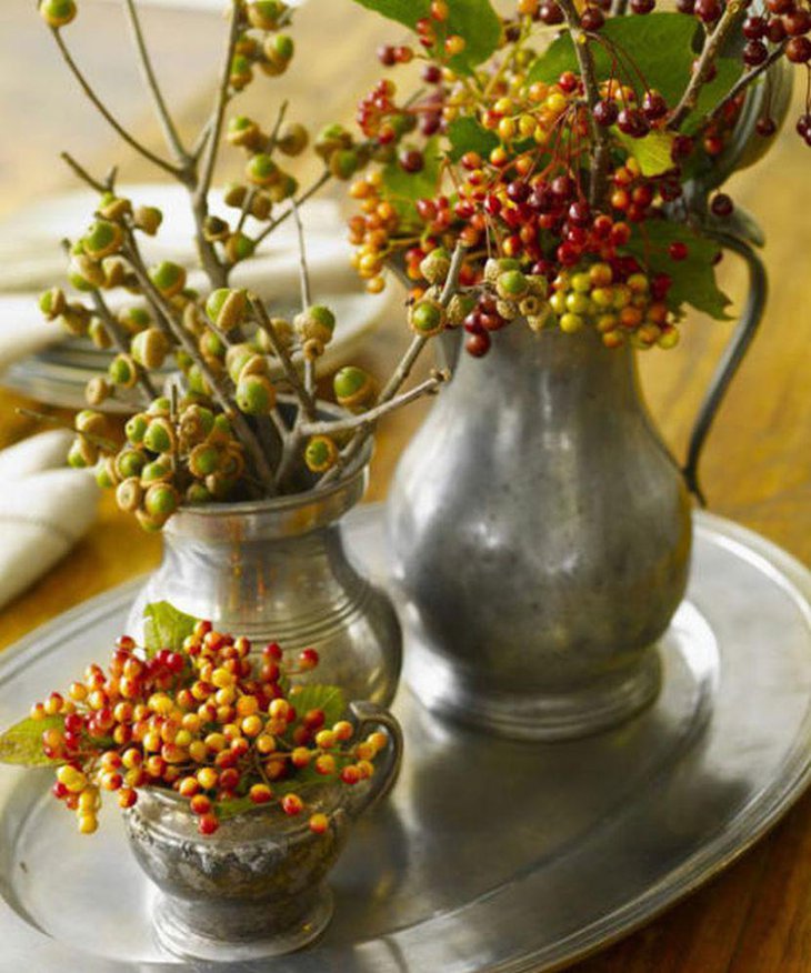 Fresh Acorn and Fall Foliage Filled Silver pot and Tray Table Centerpiece