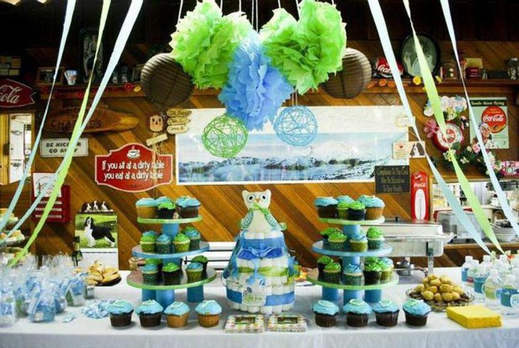 Fun owl themed boy baby shower decor