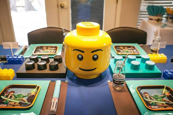 Giant Lego head as birthday table centerpiece