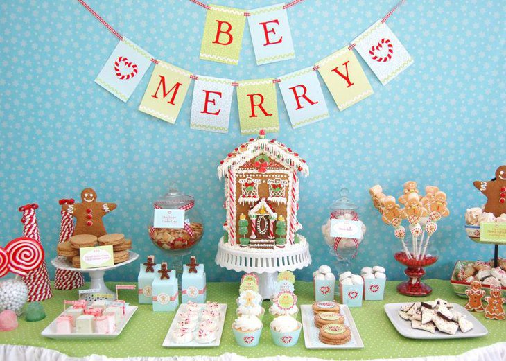 Gingerbread Christmas cookie dessert table for kids
