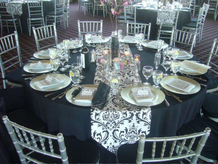 Glamorous Black and Silver Printed Wedding Table Runner