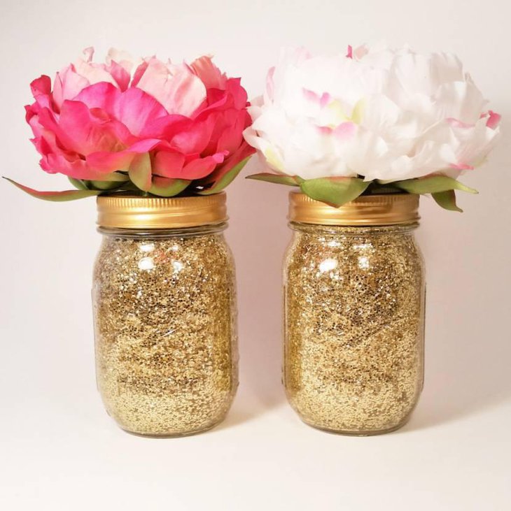 Glittery Mason Jars Filled With Flowers