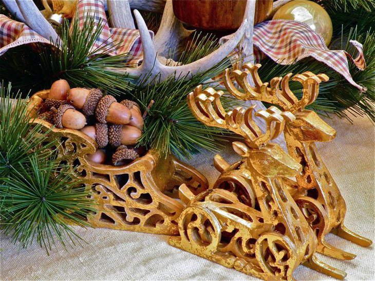 Golden Reindeer Table Centerpiece With Acorns
