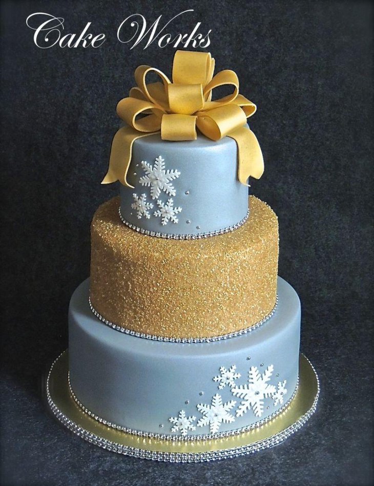 Golden ribbon decor on Christmas cake