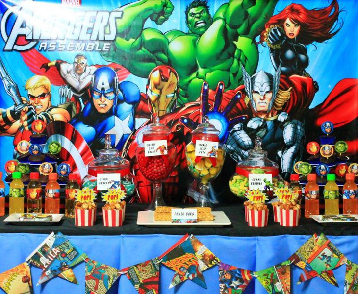 Gorgeous Avengers birthday candy table for kids
