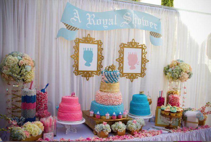Gorgeous candy display on royal baby shower candy table