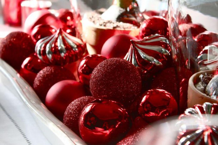 Gorgeous Christmas Red and Silver Glass Ball Ornaments In White Dish