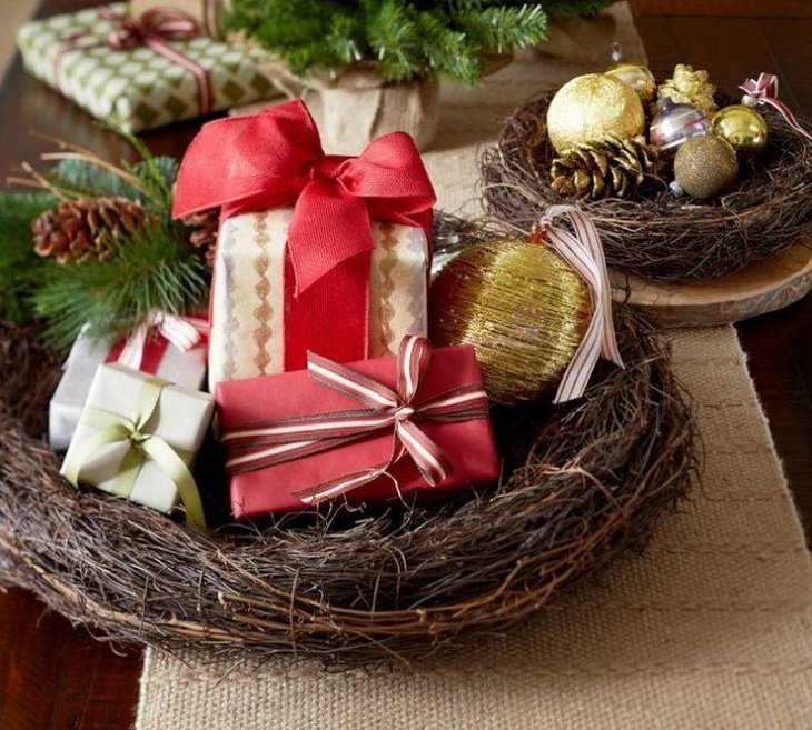 Gorgeous DIY Nest Christmas Table Centerpiece Filled With Gifts Balls and Pinecones