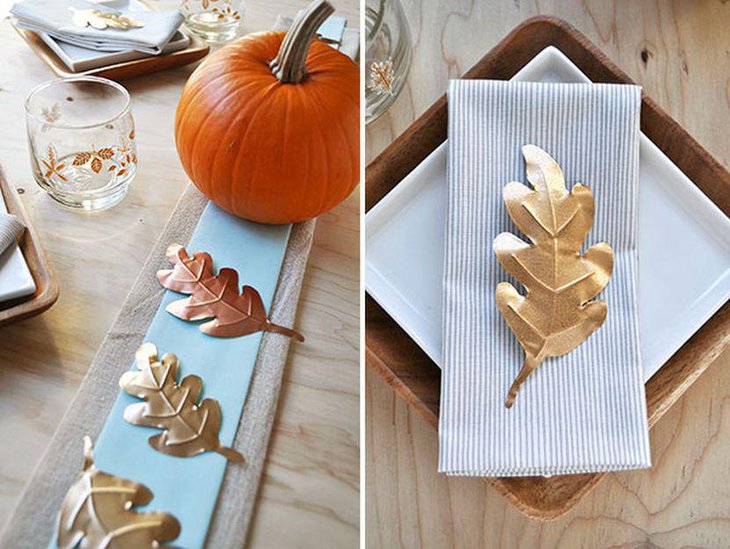 Gorgeous DIY table runner with foil leaves