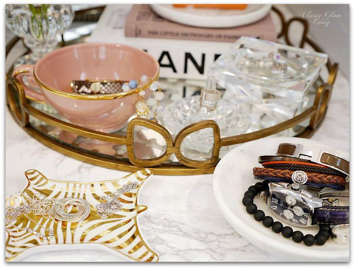 Gorgeous jewelry display on a bedside table