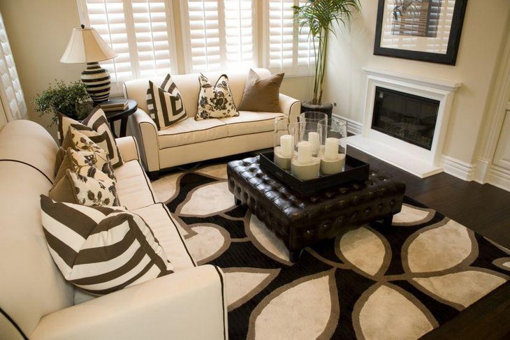 Gorgeous ottoman coffee tablescape with tray and glass jar candles