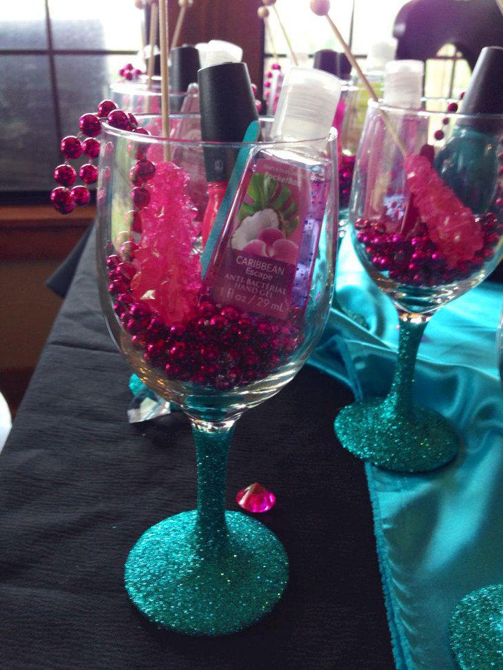 Gorgeous pedicure in wine glass baby shower favors