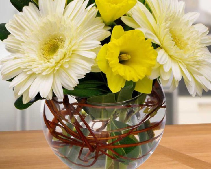Gorgeous White Gerbera Daisy Flowers And Yellow Flowers Plus Green Leaves