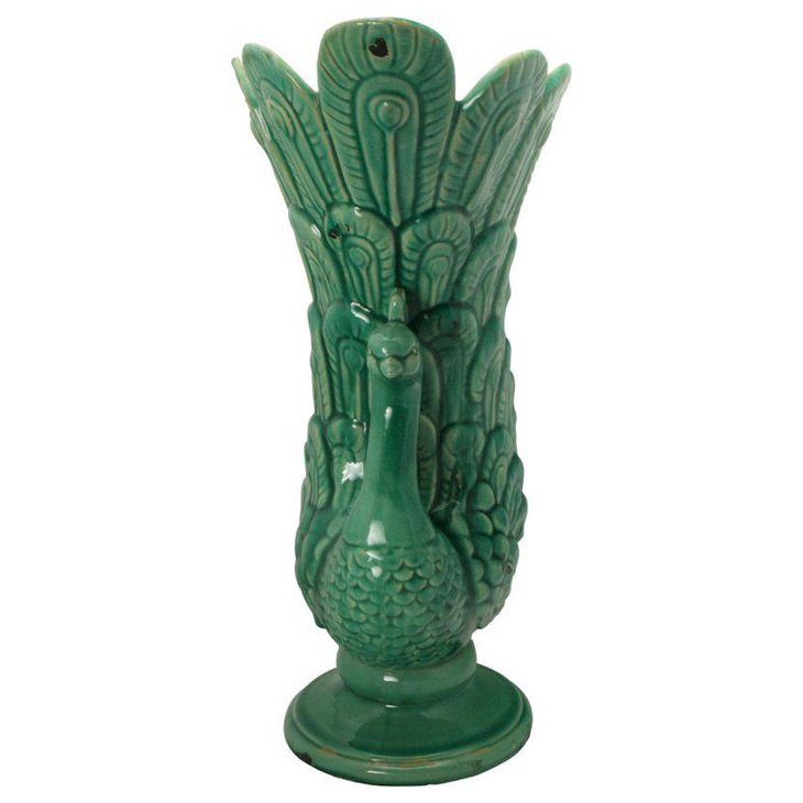 Green ceramic peacock vase centerpiece