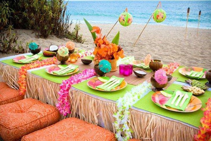 Hawaiian themed beach adult birthday table