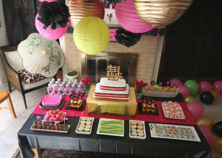 Japanese themed adult birthday party table decor
