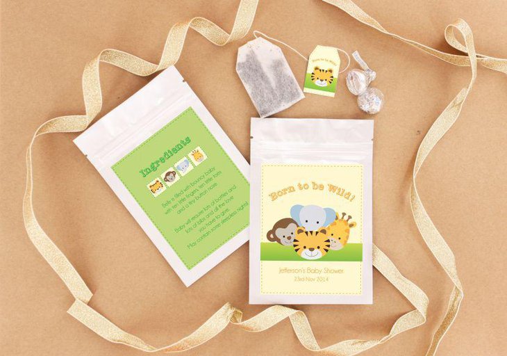 Jungle safari themed tea bags as baby shower favors
