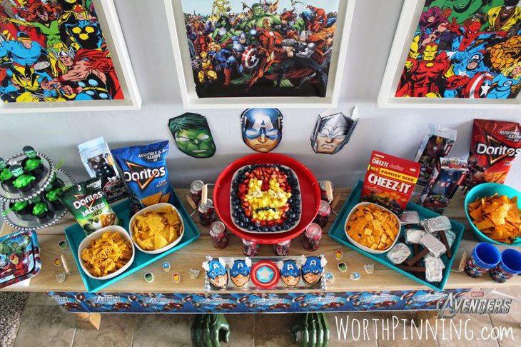 Kids birthday sweets table decor themed on Avengers