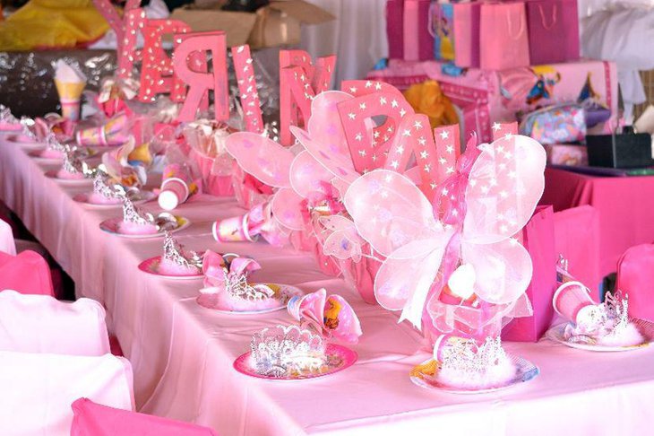Kids pink butterfly birthday table decor