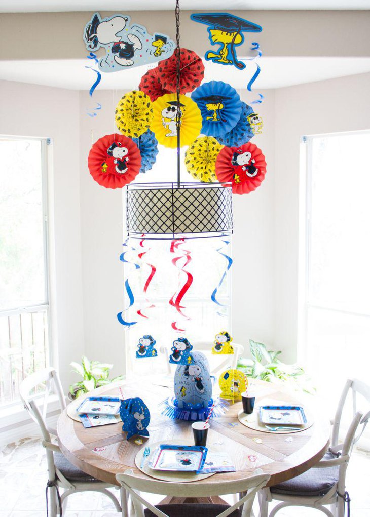 Kindergarten graduation decor with Peanuts and Snoopy themed centerpiece