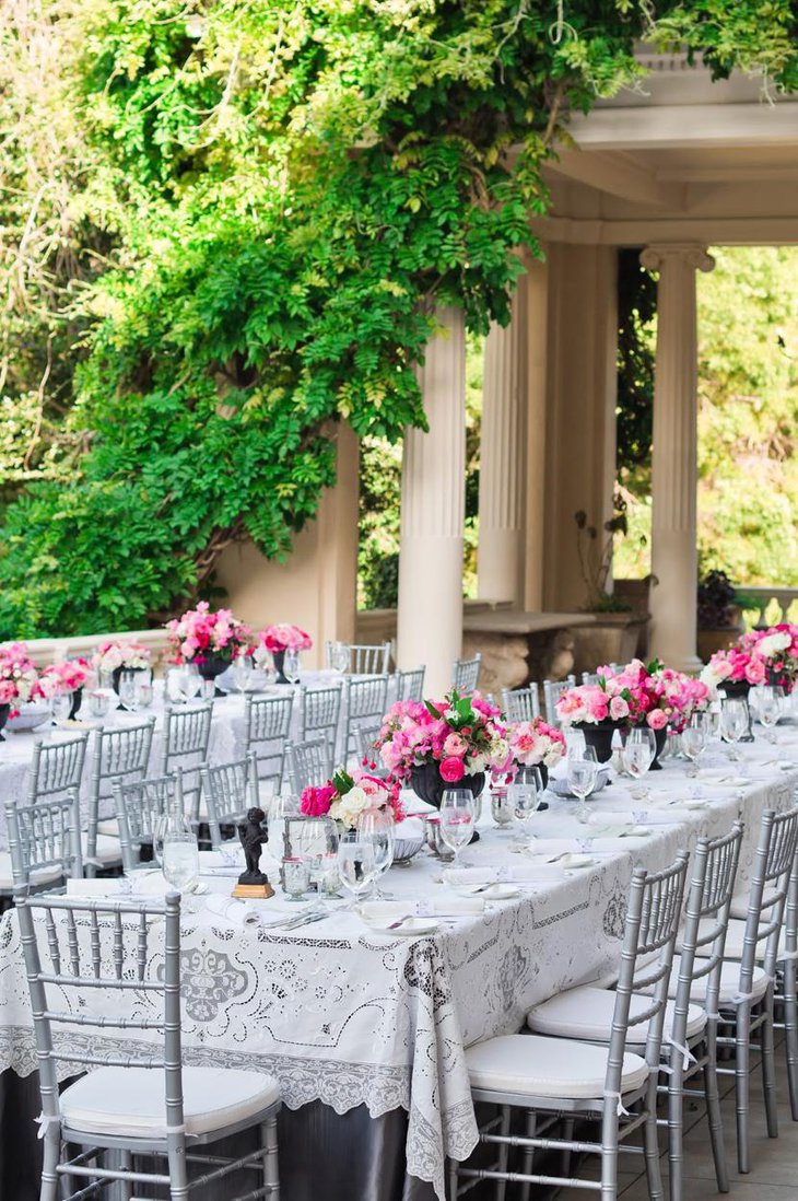 Lacy Table Linen For Weddings with Pink Rose Centerpieces