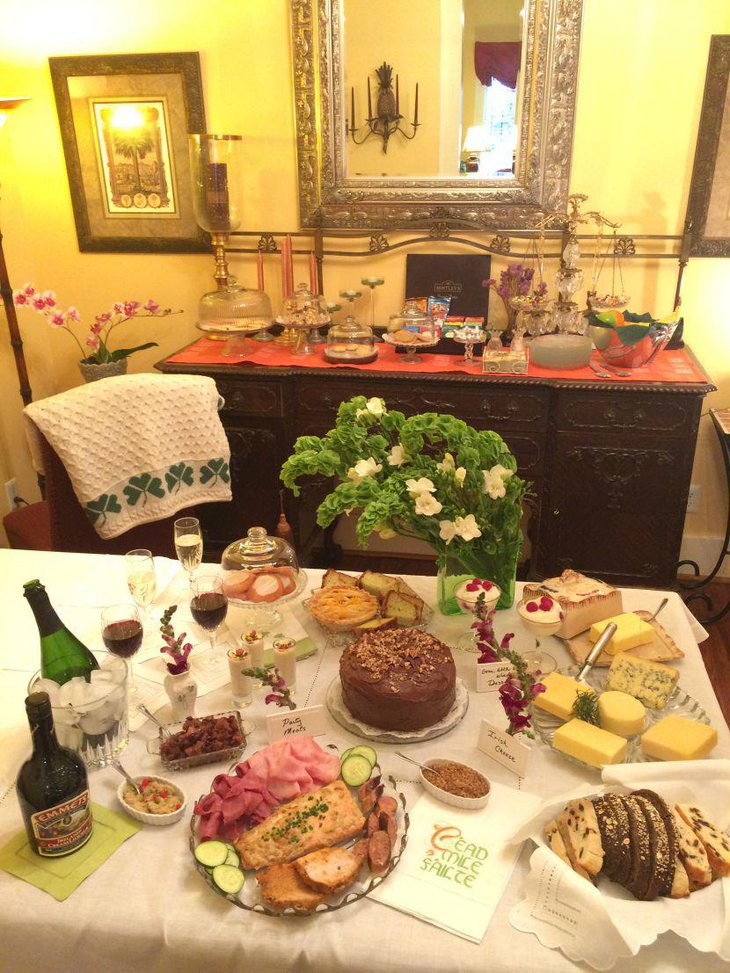Lavish food table setup for St Patricks Day