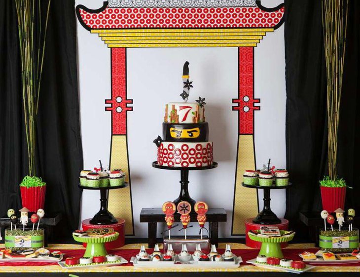 Lego Ninjao inspired cake centerpiece idea for a birthday table