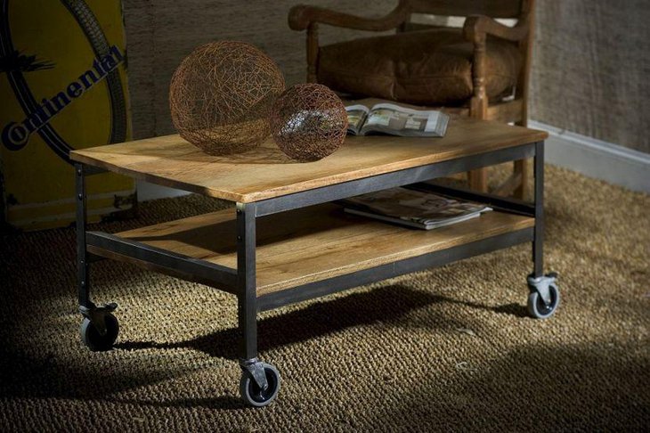 Light wooden rustic coffee table with wheels