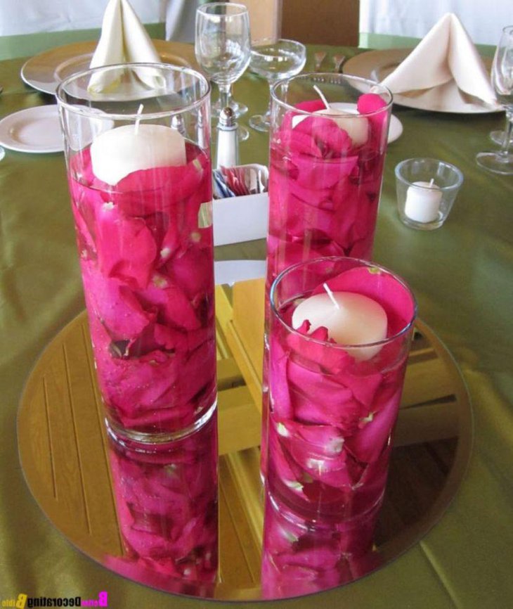 Long glass floating candle Valentines centerpiece
