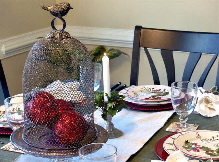 Lovely Christmas Centerpiece With Wire Cloche Filled With Red Balls Over Antique Silver Tray