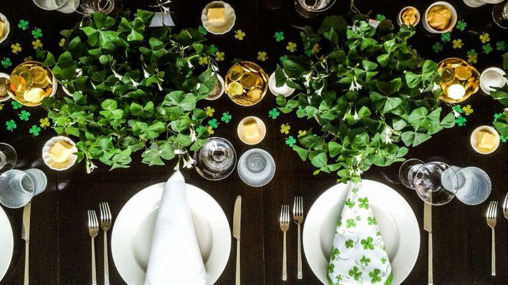 Lovely St Patricks Day table setup with leaves decoration