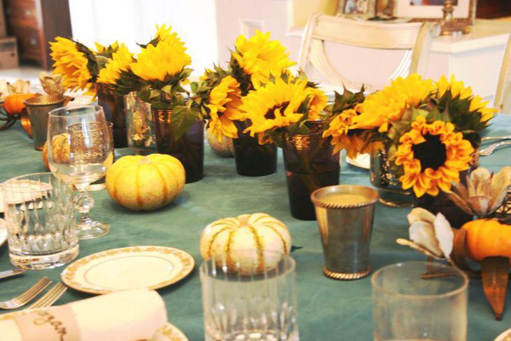 Lovely sunflower arrangement on Thanksgiving table
