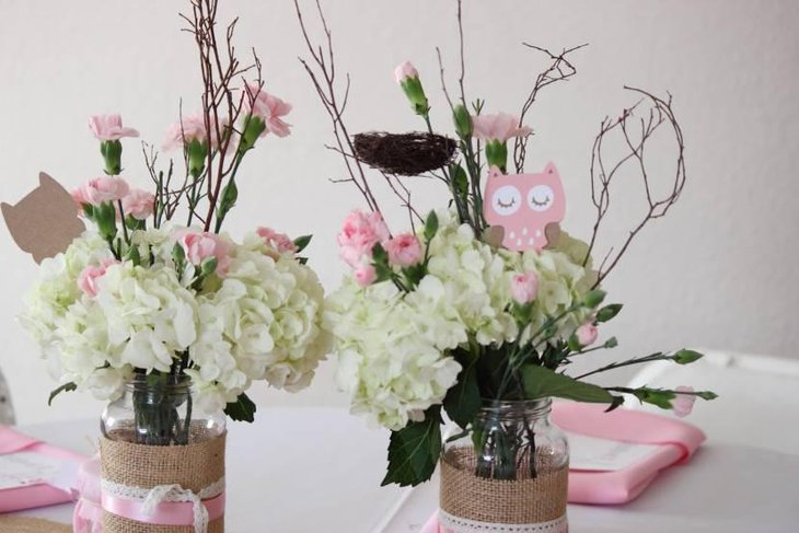 Mason Jar Flower Decorations With Pink Owl